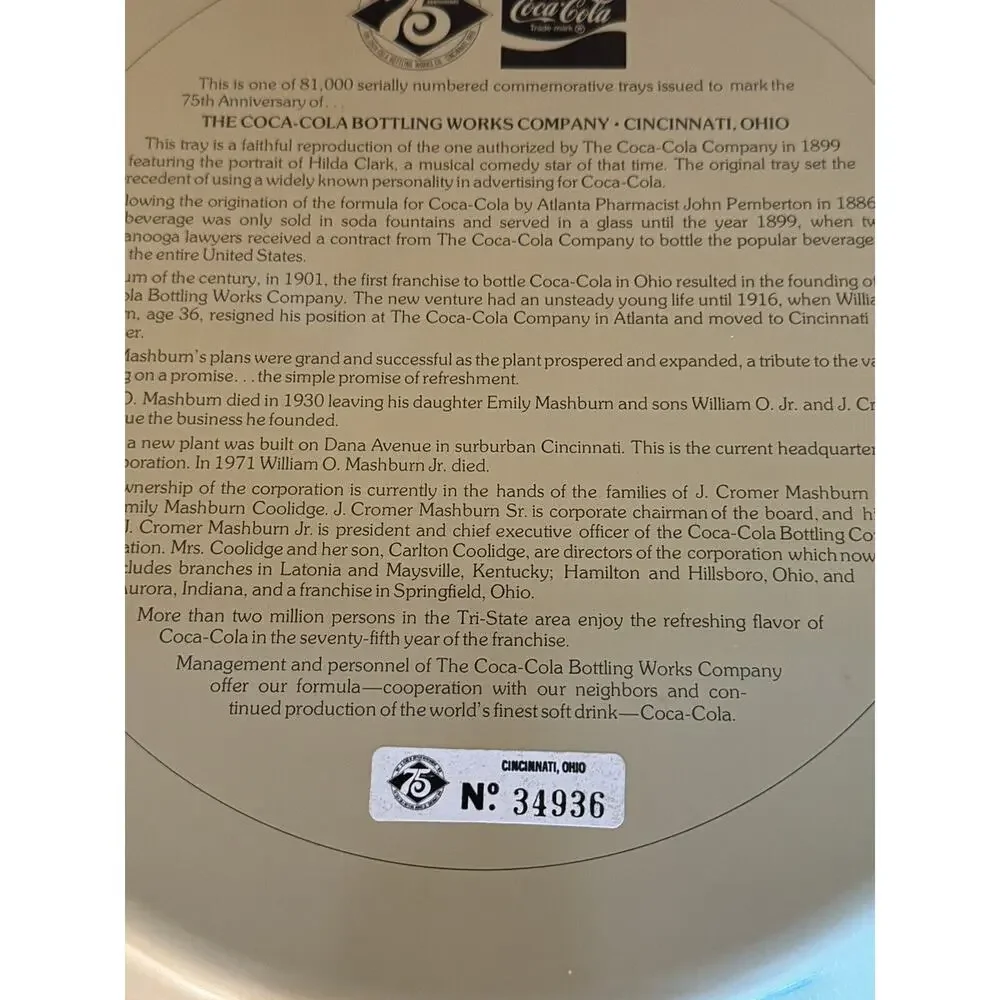 Vintage Coca-cola 75 years Tray #34936
